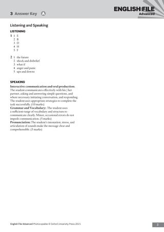 2English File Advanced Photocopiable © Oxford University Press 2015
3  Answer Key   A
ENGLISH FILE
Advanced
Listening and Speaking
LISTENING
1	1	E
2	B
3	D
4	H
5	F
2	 1	 the future
2	 shock and disbelief
3	 what if
4	 anger and panic
5	 ups and downs
SPEAKING
Interactive communication and oral production:
The student communicates effectively with his / her
partner, asking and answering simple questions, and
where necessary initiating conversation, and responding.
The student uses appropriate strategies to complete the
task successfully. (10 marks)
Grammar and Vocabulary: The student uses
a sufficient range of vocabulary and structure to
communicate clearly. Minor, occasional errors do not
impede communication. (5 marks)
Pronunciation: The student’s intonation, stress, and
articulation of sounds make the message clear and
comprehensible. (5 marks)
 