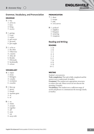 3English File Advanced Photocopiable © Oxford University Press 2015
ENGLISH FILE
Advanced3  Answer Key   B
PRONUNCIATION
7	1	short
2	troops
3	joke
4	 civil, nerves
8	1	civilized
2	rebellion
3	historian
4	surviving
5	victorious
Reading and Writing
READING
1	D
2	B
3	C
4	A
5	A
6	C
7	B
8	B
9	D
10	 C
WRITING
Student’s own answers.
Task completion: The task is fully completed and the
answer easy to understand. (4 marks)
Grammar: The student uses appropriate structures
to achieve the task. Minor errors do not obscure the
meaning. (3 marks)
Vocabulary: The student uses a sufficient range of
words and phrases to communicate the message clearly.
(3 marks)
Grammar, Vocabulary, and Pronunciation
GRAMMAR
1	1	buy
2	 arrive in
3	have
4	bring
5	receive
2	1	getting
2	 to get
3	 to give
4	 gets worse
5	 get used
6	 got caught
3	 1	 as far as
2	 the other
3	Otherwise
4	 a matter
5	 After all
6	Besides
7	Obviously
8	Incidentally
9	 at least
VOCABULARY
4	1	sniper
2	treaty
3	Refugees
4	casualty
5	revolution
6	ceasefire
5	 1	 blew up
2	spears
3	looted
4	 machine gune
5	of
6	of
6	1	on
2	whole
3	around
4	together
5	off
6	stick
7	out
8	 away with
 