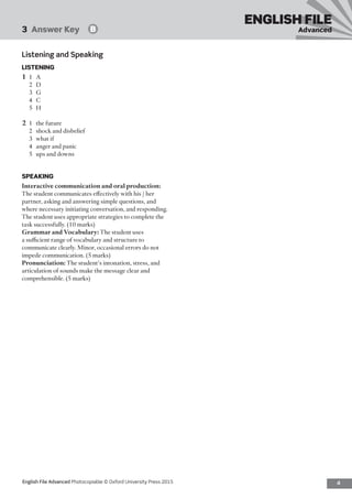 4English File Advanced Photocopiable © Oxford University Press 2015
ENGLISH FILE
Advanced3  Answer Key   B
Listening and Speaking
LISTENING
1	1	A
2	D
3	G
4	C
5	H
2	 1	 the future
2	 shock and disbelief
3	 what if
4	 anger and panic
5	 ups and downs
SPEAKING
Interactive communication and oral production:
The student communicates effectively with his / her
partner, asking and answering simple questions, and
where necessary initiating conversation, and responding.
The student uses appropriate strategies to complete the
task successfully. (10 marks)
Grammar and Vocabulary: The student uses
a sufficient range of vocabulary and structure to
communicate clearly. Minor, occasional errors do not
impede communication. (5 marks)
Pronunciation: The student’s intonation, stress, and
articulation of sounds make the message clear and
comprehensible. (5 marks)
 