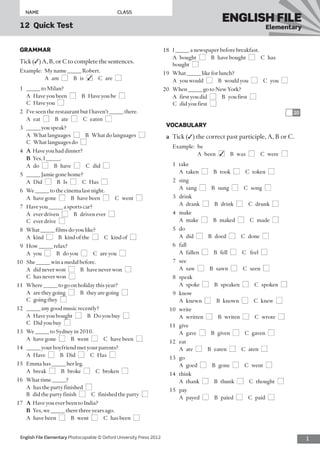 Quicktest Sample Pdf quicktest 12 English file Elementary 3tr | PDF