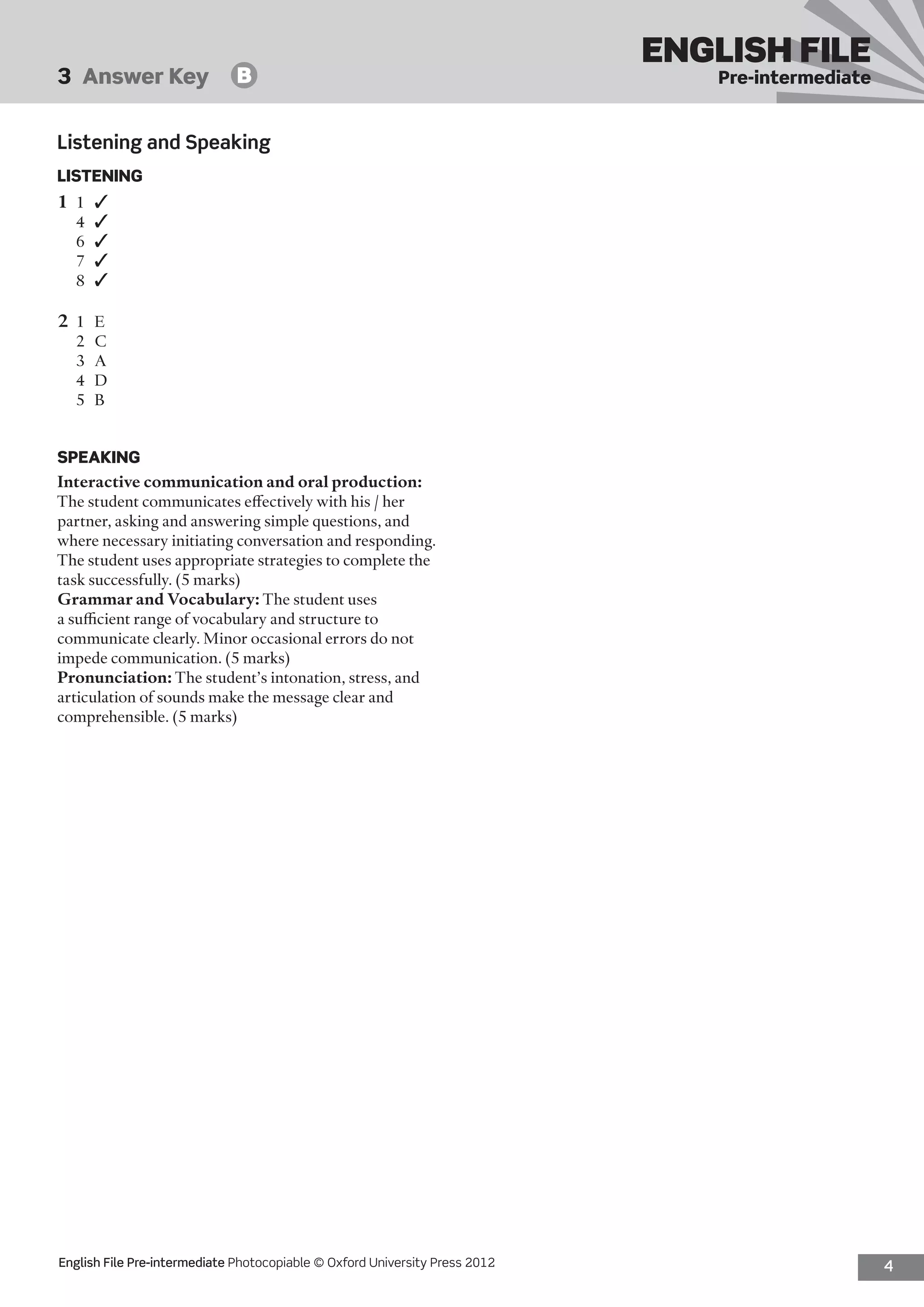 4English File Pre-intermediate Photocopiable © Oxford University Press 2012
ENGLISH FILE
Pre-intermediate3  Answer Key   B
Listening and Speaking
LISTENING
1	1	✓
4	 ✓
6	 ✓
7	 ✓
8	 ✓
2	 1	E
2	C
3	A
4	D
5	B
SPEAKING
Interactive communication and oral production:
The student communicates effectively with his / her
partner, asking and answering simple questions, and
where necessary initiating conversation and responding.
The student uses appropriate strategies to complete the
task successfully. (5 marks)
Grammar and Vocabulary: The student uses
a sufficient range of vocabulary and structure to
communicate clearly. Minor occasional errors do not
impede communication. (5 marks)
Pronunciation: The student’s intonation, stress, and
articulation of sounds make the message clear and
comprehensible. (5 marks)
 