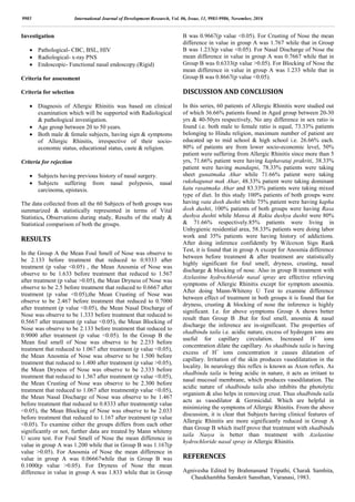 Investigation
 Pathological- CBC, BSL, HIV
 Radiological- x-ray PNS
 Endoscopic- Functional nasal endoscopy.(Rigid)
Criteria for assessment
Criteria for selection
 Diagnosis of Allergic Rhinitis was based on clinical
examination which will be supported with Radiological
& pathological investigation.
 Age group between 20 to 50 years.
 Both male & female subjects, having sign & symptoms
of Allergic Rhinitis, irrespective of their socio-
economic status, educational status, caste & religion.
Criteria for rejection
 Subjects having previous history of nasal surgery.
 Subjects suffering from nasal polyposis, nasal
carcinoma, epistaxis.
The data collected from all the 60 Subjects of both groups was
summarized & statistically represented in terms of Vital
Statistics, Observations during study, Results of the study &
Statistical comparison of both the groups.
RESULTS
In the Group A the Mean Foul Smell of Nose was observe to
be 2.133 before treatment that reduced to 0.9333 after
treatment (p value <0.05) , the Mean Anosmia of Nose was
observe to be 1.633 before treatment that reduced to 1.567
after treatment (p value >0.05), the Mean Dryness of Nose was
observe to be 2.5 before treatment that reduced to 0.6667 after
treatment (p value <0.05),the Mean Crusting of Nose was
observe to be 2.467 before treatment that reduced to 0.7000
after treatment (p value <0.05), the Mean Nasal Discharge of
Nose was observe to be 1.333 before treatment that reduced to
0.5667 after treatment (p value <0.05), the Mean Blocking of
Nose was observe to be 2.133 before treatment that reduced to
0.9000 after treatment (p value <0.05). In the Group B the
Mean foul smell of Nose was observe to be 2.233 before
treatment that reduced to 1.067 after treatment (p value <0.05),
the Mean Anosmia of Nose was observe to be 1.500 before
treatment that reduced to 1.400 after treatment (p value >0.05),
the Mean Dryness of Nose was observe to be 2.333 before
treatment that reduced to 1.367 after treatment (p value <0.05),
the Mean Crusting of Nose was observe to be 2.300 before
treatment that reduced to 1.067 after treatment(p value <0.05),
the Mean Nasal Discharge of Nose was observe to be 1.467
before treatment that reduced to 0.8333 after treatment(p value
<0.05), the Mean Blocking of Nose was observe to be 2.033
before treatment that reduced to 1.167 after treatment (p value
<0.05). To examine either the groups differs from each other
significantly or not, further data are treated by Mann whiteny
U score test. For Foul Smell of Nose the mean difference in
value in group A was 1.200 while that in Group B was 1.167(p
value >0.05). For Anosmia of Nose the mean difference in
value in group A was 0.06667while that in Group B was
0.1000(p value >0.05). For Dryness of Nose the mean
difference in value in group A was 1.833 while that in Group
B was 0.9667(p value <0.05). For Crusting of Nose the mean
difference in value in group A was 1.767 while that in Group
B was 1.233(p value <0.05). For Nasal Discharge of Nose the
mean difference in value in group A was 0.7667 while that in
Group B was 0.6333(p value >0.05). For Blocking of Nose the
mean difference in value in group A was 1.233 while that in
Group B was 0.8667(p value <0.05).
DISCUSSION AND CONCLUSION
In this series, 60 patients of Allergic Rhinitis were studied out
of which 36.66% patients found in Aged group between 20-30
yrs & 40-50yrs respectively, No any difference in sex ratio is
found i.e. both male to female ratio is equal, 73.33% patients
belonging to Hindu religion, maximum number of patient are
educated up to mid school & high school i.e. 26.66% each.
80% of patients are from lower socio-economic level, 50%
patient were suffering from Allergic Rhinitis since more than 5
yrs, 71.66% patient were having kaphavataj prakriti, 38.33%
patient were having mandagni, 78.33% patients were taking
sheet gunatmaka Ahar while 71.66% patient were taking
rukshagunat mak Ahar, 48.33% patient were taking dominant
katu rasatmaka Ahar and 83.33% patients were taking mixed
type of diet. In this study 100% patients of both groups were
having vata dosh dushti while 75% patient were having kapha
dosh dushti, 100% patients of both groups were having Rasa
dushya dushti while Mansa & Rakta dushya dushti were 80%
& 71.66% respectively.85% patients were living in
Unhygienic residential area, 58.33% patients were doing labor
work and 35% patients were having history of addictions.
After doing inference confidently by Wilcoxon Sign Rank
Test, it is found that in group A except for Anosmia difference
between before treatment & after treatment are statistically
highly significant for foul smell, dryness, crusting, nasal
discharge & blocking of nose. Also in group B treatment with
Azelastine hydrochloride nasal spray are effective relieving
symptoms of Allergic Rhinitis except for symptom anosmia.
After doing Mann-Whiteny U Test to examine difference
between effect of treatment in both groups it is found that for
dryness, crusting & blocking of nose the inference is highly
significant. I.e. for above symptoms Group A shows better
result than Group B .But for foul smell, anosmia & nasal
discharge the inference are in-significant. The properties of
shadbindu taila i.e. acidic nature, excess of hydrogen ions are
useful for capillary circulation. Increased H+
ions
concentration dilate the capillary. As shadbindu taila is having
excess of H+
ions concentration it causes dilatation of
capillary. Irritation of the skin produces vasodilatation in the
locality. In neurology this reflex is known as Axon reflex. As
shadbindu taila is being acidic in nature, it acts as irritant to
nasal mucosal membrane, which produces vasodilatation. The
acidic nature of shadbindu taila also inhibits the photolytic
organism & also helps in removing crust. Thus shadbindu taila
acts as vasodilator & Germicidal. Which are helpful in
minimizing the symptoms of Allergic Rhinitis. From the above
discussion, it is clear that Subjects having clinical features of
Allergic Rhinitis are more significantly reduced in Group A
than Group B which itself prove that treatment with shadbindu
taila Nasya is better than treatment with Azelastine
hydrochloride nasal spray in Allergic Rhinitis.
REFERENCES
Agnivesha Edited by Brahmanand Tripathi, Charak Samhita,
Chaukhambha Sanskrit Sansthan, Varanasi, 1983.
9985 International Journal of Development Research, Vol. 06, Issue, 11, 9983-9986, November, 2016
 
