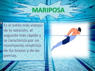 Es el estilo más vistoso
de la natación, el
segundo más rápido y
se caracteriza por un
movimiento simétrico
de los brazos y de las
piernas.
MARIPOSA
 