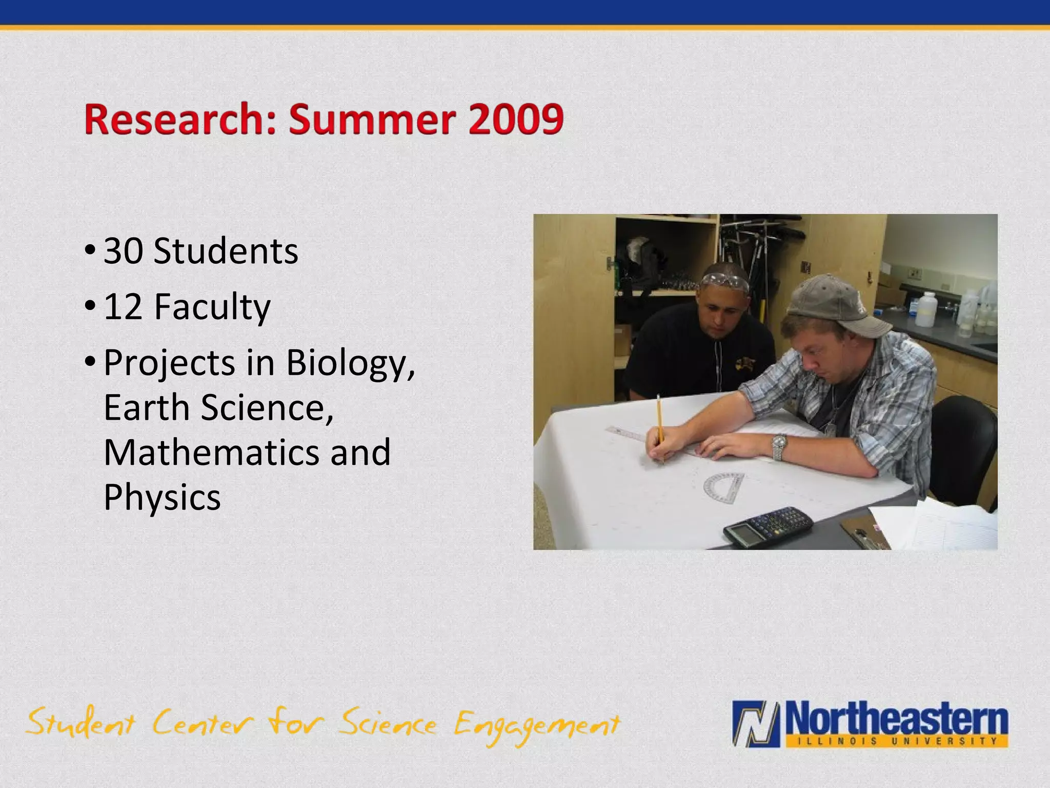 •30 Students
•12 Faculty
•Projects in Biology,
Earth Science,
Mathematics and
Physics
 