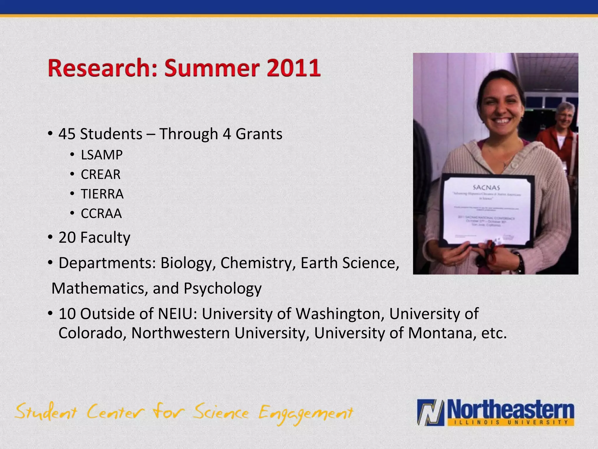 • 45 Students – Through 4 Grants
• LSAMP
• CREAR
• TIERRA
• CCRAA
• 20 Faculty
• Departments: Biology, Chemistry, Earth Science,
Mathematics, and Psychology
• 10 Outside of NEIU: University of Washington, University of
Colorado, Northwestern University, University of Montana, etc.
 