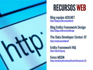 Blog equipo ADO.NET
http://blogs.msdn.com/adonet


Blog Entity Framework Design
http://blogs.msdn.com/efdesign


The Data Developer Center: EF
http://msdn.com/data/ef


Entity Framework FAQ
http://ww.ef-faq.org


Foros MSDN
http://social.msdn.microsoft.com/Forums/es-ES
 