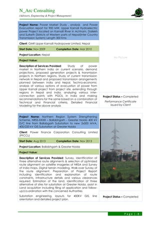 N_Arc Consulting
(Advisory, Engineering & Project Management)
P a g e | - 8 -
Project Name: Power Market Study , analysis and Power
Evacuation report for 900 MW, Upper Karnali Hydroelectric
power Project located on Karnaili River in Achham, Dailekh
and Surketh Districts of Western parts of Nepal(Inter Country
Transmission System) Length 300 Kms
No Picture
Client: GMR Upper Karnaili Hydropower Limited, Nepal
Start Date: Nov 2009 Completion Date: Mar 2010
Project Location: Nepal
Project Value:
Description of Services Provided: Study of power
market in Northern India on current scenario, demand
projections, proposed generation projects & transmission
projects in Northern regions, Study of current transmission
network in Nepal and proposed transmission arrangements
planned between India and Nepal, Techno-economic
analysis of various options of evacuation of power from
Upper Karnali project from project site, extending through
regions in Nepal and India, analyzing various inter-
connection points with PGCIL in India and making
recommendations for the same based on a combination of
Technical and Financial criteria, Detailed Financial
Modeling for the above analysis
Project Status – Completed
Performance Certificate
issued by Client
Project Name: Northern Region System Strengthening
Scheme, NRSS-XXXIII – Ballabhgarh - Greater Noida 400 kV
D/C line from Ballabgarh Substation to new 2x500 MVA,
400/220 kV GIS Substation at Greater Noida
Client: Power finance Corporation Consulting Limited
(PFCCL)
Start Date: Aug 2013 Completion Date: Nov 2013
Project Location: Ballabhgarh & Greater Noida
Project Value:
Description of Services Provided: Survey, Identification of
three alternative route alignments & selection of optimized
route alignment on satellite imageries of NRSA and Survey
of India maps. Digital terrain modeling. Walk-over Survey of
the route alignment. Preparation of Project Report
including identification and explanation of route
constraints, infrastructure details and various clearances
required. Estimation of the land, Identification of three
alternative of sites for substation at Greater Noida, assist in
Land acquisition including filing of application and follow-
up/co-ordination with the concerned Authorities
Substation engineering, layouts for 400KV GIS, line
orientation and detailed project plan.
Project Status – Completed
 