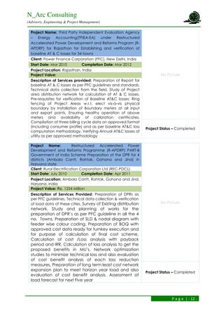 N_Arc Consulting
(Advisory, Engineering & Project Management)
P a g e | - 12 -
Project Name: Third Party Independent Evaluation Agency
– Energy Accounting(TPIEA-EA) under Restructured
Accelerated Power Development and Reforms Program (R-
APDRP) for Rajasthan for Establishing and verification of
baseline AT & C losses for 34 towns
No Picture
Client: Power Finance Corporation (PFC), New Delhi, India
Start Date: Mar 2010 Completion Date: Mar 2012
Project Location: Rajasthan, India
Project Value:
Description of Services provided: Preparation of Report for
baseline AT & C losses as per PFC guidelines and standards,
Technical data collection from the field, Study of Project
area distribution network for calculation of AT & C losses,
Pre-requisites for verification of Baseline AT&C losses: Ring
fencing of Project Areas w.r.t. elect vis-à-vis physical
boundary by Installation of Boundary meters at all input
and export points, Ensuring healthy operation of above
meters and availability of calibration certificates,
Compilation of three billing cycle data on approved format
(including consumer profile) and as per baseline AT&C loss
computation methodology, Verifying Annual AT&C losses of
utility as per approved methodology
Project Status – Completed
Project Name: Restructured Accelerated Power
Development and Reforms Programme (R-APDRP) PART-B
Government of India Scheme Preparation of the DPR for 4
districts (Ambala Cantt, Rohtak, Gohana and Jind) in
Haryana state
No Picture
Client: Rural Electrification Corporation Ltd (REC-PDCL)
Start Date: July 2010 Completion Date: Apr 2011
Project Location: Ambala Cantt, Rohtak, Gohana and Jind,
Haryana, India
Project Value: Rs. 1254 Million
Description of Services Provided: Preparation of DPRs as
per PFC guidelines, Technical data collection & verification
of load data of these cities. Survey of Existing distribution
network, Study and planning of works for the
preparation of DPR’s as per PFC guideline in all the 4
no. Towns, Preparation of SLD & nodal diagram with
feeder wise colour coding, Preparation of BOQ with
approved cost data ready for turnkey execution and
for purpose of calculation of final cost scheme,
Calculation of cost /Loss analysis with payback
period and IRR, Calculation of loss analysis to get the
proposed benefits in MU’s, Network optimization
studies to minimize technical loss and also evaluation
of cost benefit analysis of each loss reduction
measures, Preparation of long term least cost network
expansion plan to meet horizon year load and also
evaluation of cost benefit analysis, Assessment of
load forecast for next Five year
Project Status – Completed
 