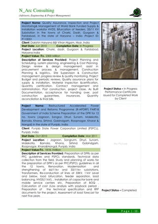 N_Arc Consulting
(Advisory, Engineering & Project Management)
P a g e | - 13 -
Project Name: Quality Assurance, Inspection and Project
Monitoring& Management of World Bank Funded Supply &
Installation worksfor HVDS, Bifurcation of feeders, 33/11 KV
Substation in the towns of Charki, Dadri, Gurgaon &
Faridabad, in the state of Haryana – India ;Project ID:
P110051
Client: Dakshin Haryana Bijli Vitran Nigam, Hisar, India
Start Date: Jun 2010 Completion Date: In Progress
Project Location: Charki, dadri, Gurgaon & Faridabad,
Haryana India
Project Value: Rs. 2300 Million
Description of Services Provided: Project Planning and
Scheduling, system planning, engineering & Cost Planning.
Design review & design management, assist in
procurement process & management, Construction
Planning & logistics., Site Supervision & Construction
management, progress review & quality monitoring, Project
Budget and periodic reviews, Quality assurance plans for
supply & installation, Material inspection &certification,
Quantity certification, Contract management and
administration, Post construction, project close, As Built
Documentation, acceptance for handing over, post
construction guarantees, insurances, Quantity
reconciliation & final bills.
Project Status – In Progress
Performance Certificate
issued for Completed Work
by Client
Project Name: Restructured Accelerated Power
Development and Reforms Programme (R-APDRP) PART-B
Government of India Scheme Preparation of the DPR for 12
no. towns (Jagraon, Sangrur, Dhuri, Sunam, Malekotla,
Barnala, Khana, Sirhind, Gobindgarh, Roopnagar, Kharar &
Nangal) in the state of Punjab, India
No Picture
Client: Punjab State Power Corporation Limited (PSPCL),
Punjab, India
Start Date: Oct 2010 Completion Date: Mar 2011
Project Location: : Jagraon, Sangrurm, Dhuri, Sunam,
Malekotla, Barnala, Khana, Sirhind Gobindgarh,
Roopnagar, Khara&Nangal, Punjab, India
Project Value:Rs. 1818.1Million
Description of Services Provided: Preparation of DPRs as per
PFC guidelines and PSPCL standards, Technical data
collection from the field, Study and planning of works for
the preparation of DPR’s as per PFC/PSPCL guidelines in all
the 12 towns, Renovation, Modernization and
strengthening of 66/11kv and 33/11kv substations,
Transformers, Re-conduction of lines at 33KV, 11kV Level
and below, load bifurcation, feeder separation, load
balancing, HVDS(11kV), , Installation of capacitor bank and
mobile service centers etc, Preparation of BOQ ,
Calculation of cost /Loss analysis with payback period ,
Preparation of the technical specification and RFP
documents for the project, Assessment of load forecast for
next five years
Project Status – Completed
 