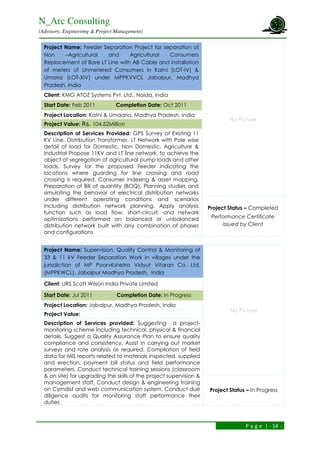 N_Arc Consulting
(Advisory, Engineering & Project Management)
P a g e | - 14 -
Project Name: Feeder Separation Project for separation of
Non –Agricultural and Agricultural Consumers
Replacement of Bare LT Line with AB Cable and installation
of meters of Unmetered Consumers in Katni (LOT-IV) &
Umaria (LOT-XIV) under MPPKVVCL Jabalpur, Madhya
Pradesh, India
No Picture
Client: KMG ATOZ Systems Pvt. Ltd., Noida, India
Start Date: Feb 2011 Completion Date: Oct 2011
Project Location: Katni & Umaaria, Madhya Pradesh, India
Project Value: Rs. 104.52Million
Description of Services Provided: GPS Survey of Existing 11
KV Line, Distribution Transformer, LT Network with Pole wise
detail of load for Domestic, Non Domestic, Agriculture &
Industrial Propose 11KV and LT line network. to achieve the
object of segregation of agricultural pump loads and other
loads, Survey for the proposed Feeder indicating the
locations where guarding for line crossing and road
crossing is required, Consumer indexing & asset mapping,
Preparation of Bill of quantity (BOQ), Planning studies and
simulating the behavior of electrical distribution networks
under different operating conditions and scenarios
Including distribution network planning, Apply analysis
function such as load flow, short-circuit, and network
optimizations performed on balanced or unbalanced
distribution network built with any combination of phases
and configurations
Project Status – Completed
Performance Certificate
issued by Client
Project Name: Supervision, Quality Control & Monitoring of
33 & 11 kV Feeder Separation Work in villages under the
jurisdiction of MP PoorvKshetra Vidyut Vitaran Co. Ltd.
(MPPKWCL), Jabalpur Madhya Pradesh, India
No Picture
Client: URS Scott Wilson India Private Limited
Start Date: Jul 2011 Completion Date: In Progress
Project Location: Jabalpur, Madhya Pradesh, India
Project Value:
Description of Services provided: Suggesting a project-
monitoring scheme including technical, physical & financial
details, Suggest a Quality Assurance Plan to ensure quality
compliance and consistency, Assist in carrying out market
surveys and rate analysis as required, Compilation of field
data for MlS reports related to materials inspected, supplied
and erection, payment bill status and field performance
parameters, Conduct technical training sessions (classroom
& on site) for upgrading the skills of the project supervision &
management staff, Conduct design & engineering training
on Cymdist and web communication system, Conduct due
diligence audits for monitoring staff performance their
duties
Project Status – In Progress
 