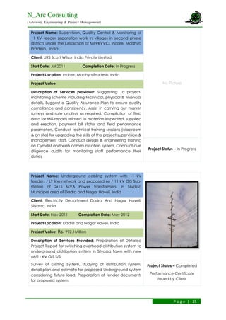 N_Arc Consulting
(Advisory, Engineering & Project Management)
P a g e | - 15 -
Project Name: Supervision, Quality Control & Monitoring of
11 KV feeder separation work in villages in second phase
districts under the jurisdiction of MPPKVVCL Indore, Madhya
Pradesh, India
No Picture
Client: URS Scott Wilson India Private Limited
Start Date: Jul 2011 Completion Date: In Progress
Project Location: Indore, Madhya Pradesh, India
Project Value:
Description of Services provided: Suggesting a project-
monitoring scheme including technical, physical & financial
details, Suggest a Quality Assurance Plan to ensure quality
compliance and consistency, Assist in carrying out market
surveys and rate analysis as required, Compilation of field
data for MlS reports related to materials inspected, supplied
and erection, payment bill status and field performance
parameters, Conduct technical training sessions (classroom
& on site) for upgrading the skills of the project supervision &
management staff, Conduct design & engineering training
on Cymdist and web communication system, Conduct due
diligence audits for monitoring staff performance their
duties
Project Status – In Progress
Project Name: Underground cabling system with 11 kV
feeders / LT line network and proposed 66 / 11 kV GIS Sub-
station of 2x15 MVA Power transformers, in Silvassa
Municipal area of Dadra and Nagar Haveli, India
Client: Electricity Department Dadra And Nagar Haveli,
Silvassa, india
Start Date: Nov 2011 Completion Date: May 2012
Project Location: Dadra and Nagar Haveli, India
Project Value: Rs. 992.1Million
Description of Services Provided: Preparation of Detailed
Project Report for switching overhead distribution system to
underground distribution system in Silvassa Town with new
66/11 KV GIS S/S
Survey of Existing System, studying of distribution system,
detail plan and estimate for proposed Underground system
considering future load. Preparation of tender documents
for proposed system.
Project Status – Completed
Performance Certificate
issued by Client
 