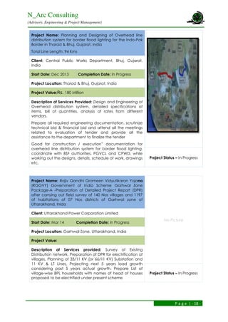 N_Arc Consulting
(Advisory, Engineering & Project Management)
P a g e | - 18 -
Project Name: Planning and Designing of Overhead line
distribution system for border flood lighting for the Indo-Pak
Border in Tharad & Bhuj, Gujarat, India
Total Line Length: 94 Kms
Client: Central Public Works Department, Bhuj, Gujarat,
India
Start Date: Dec 2013 Completion Date: In Progress
Project Location: Tharad & Bhuj, Gujarat, India
Project Value:Rs. 180 Million
Description of Services Provided: Design and Engineering of
Overhead distribution system, detailed specifications of
items, bill of quantities, analysis of rates from different
vendors.
Prepare all required engineering documentation, scrutinize
technical bid & financial bid and attend all the meetings
related to evaluation of tender and provide all the
assistance to the department to finalize the tender
Good for construction / execution” documentation for
overhead line distribution system for border flood lighting,
coordinate with BSF authorities, PGVCL and CPWD, while
working out the designs, details, schedule of work, drawings
etc.
Project Status – In Progress
Project Name: Rajiv Gandhi Grameen Vidyutikaran Yojana
(RGGVY) Government of India Scheme Garhwal Zone
Package-A -Preparation of Detailed Project Report (DPR)
after carrying out field survey of 140 Nos villages and 1197
of habitations of 07 Nos districts of Garhwal zone of
Uttarakhand, Inida
No Picture
Client: Uttarakhand Power Corporation Limited
Start Date: Mar 14 Completion Date: In Progress
Project Location: Garhwal Zone, Uttarakhand, India
Project Value:
Description of Services provided: Survey of Existing
Distribution network, Preparation of DPR for electrification of
villages, Planning of 33/11 KV (or 66/11 KV) Substation and
11 KV & LT Lines, Projecting next 5 years load growth
considering past 5 years actual growth, Prepare List of
village-wise BPL households with names of head of houses
proposed to be electrified under present scheme
Project Status – In Progress
 
