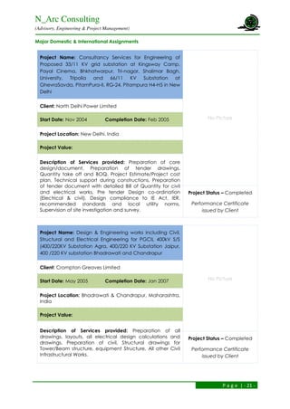 N_Arc Consulting
(Advisory, Engineering & Project Management)
P a g e | - 21 -
Major Domestic & International Assignments
Project Name: Consultancy Services for Engineering of
Proposed 33/11 KV grid substation at Kingsway Camp,
Payal Cinema, Bhkhatwarpur, Tri-nagar, Shalimar Bagh,
University, Tripolia and 66/11 KV Substation at
GhevraSavda, PitamPura-II, RG-24, Pitampura H4-H5 in New
Delhi
No Picture
Client: North Delhi Power Limited
Start Date: Nov 2004 Completion Date: Feb 2005
Project Location: New Delhi, India
Project Value:
Description of Services provided: Preparation of core
design/document, Preparation of tender drawings,
Quantity take off and BOQ, Project Estimate/Project cost
plan, Technical support during constructions, Preparation
of tender document with detailed Bill of Quantity for civil
and electrical works, Pre tender Design co-ordination
(Electrical & civil), Design compliance to IE Act, IER,
recommended standards and local utility norms,
Supervision of site investigation and survey.
Project Status – Completed
Performance Certificate
issued by Client
Project Name: Design & Engineering works including Civil,
Structural and Electrical Engineering for PGCIL 400kV S/S
(400/220KV Substation Agra, 400/220 KV Substation Jaipur,
400 /220 KV substation Bhadrawati and Chandrapur
No Picture
Client: Crompton Greaves Limited
Start Date: May 2005 Completion Date: Jan 2007
Project Location: Bhadrawati & Chandrapur, Maharashtra,
India
Project Value:
Description of Services provided: Preparation of all
drawings, layouts, all electrical design calculations and
drawings. Preparation of civil, Structural drawings for
Tower/Beam structure, equipment Structure, All other Civil
Infrastructural Works.
Project Status – Completed
Performance Certificate
issued by Client
 