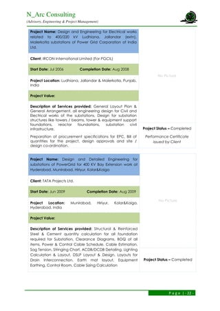 N_Arc Consulting
(Advisory, Engineering & Project Management)
P a g e | - 22 -
Project Name: Design and Engineering for Electrical works
related to 400/220 kV Ludhiana, Jallandar (extn),
Malerkotla substations of Power Grid Corporation of India
Ltd.
No Picture
Client: IRCON International Limited (For PGCIL)
Start Date: Jul 2006 Completion Date: Aug 2008
Project Location: Ludhiana, Jallandar & Malerkotla, Punjab,
India
Project Value:
Description of Services provided: General Layout Plan &
General Arrangement, all engineering design for Civil and
Electrical works of the substations, Design for substation
structures like towers / beams, tower & equipment support
foundations, reactor foundations, substation civil
infrastructure.
Preparation of procurement specifications for EPC, Bill of
quantities for the project, design approvals and site /
design co-ordination.
Project Status – Completed
Performance Certificate
issued by Client
Project Name: Design and Detailed Engineering for
substations of PowerGrid for 400 KV Bay Extension work at
Hyderabad, Munirabad, Hiriyur, Kolar&Kaiga
No Picture
Client: TATA Projects Ltd.
Start Date: Jun 2009 Completion Date: Aug 2009
Project Location: Munirabad, Hiriyur, Kolar&Kaiga,
Hyderabad, India
Project Value:
Description of Services provided: Structural & Reinforced
Steel & Cement quantity calculation for all foundation
required for Substation, Clearance Diagrams, BOQ of all
items, Power & Control Cable Schedule, Cable Estimation,
Sag Tension, Stringing Chart, ACDB/DCDB Detailing, Lighting
Calculation & Layout, DSLP Layout & Design, Layouts for
Drain Interconnection, Earth mat layout, Equipment
Earthing, Control Room, Cable Sizing Calculation
Project Status – Completed
 
