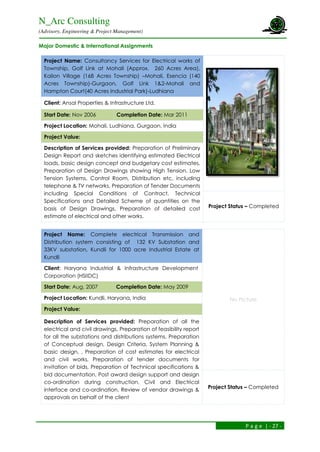 N_Arc Consulting
(Advisory, Engineering & Project Management)
P a g e | - 27 -
Major Domestic & International Assignments
Project Name: Consultancy Services for Electrical works of
Township, Golf Link at Mohali (Approx. 260 Acres Area),
Kailon Village (168 Acres Township) –Mohali, Esencia (140
Acres Township)-Gurgaon, Golf Link 1&2-Mohali and
Hampton Court(40 Acres Industrial Park)-Ludhiana
Client: Ansal Properties & Infrastructure Ltd.
Start Date: Nov 2006 Completion Date: Mar 2011
Project Location: Mohali, Ludhiana, Gurgaon, India
Project Value:
Description of Services provided: Preparation of Preliminary
Design Report and sketches identifying estimated Electrical
loads, basic design concept and budgetary cost estimates,
Preparation of Design Drawings showing High Tension, Low
Tension Systems, Control Room, Distribution etc, including
telephone & TV networks, Preparation of Tender Documents
including Special Conditions of Contract, Technical
Specifications and Detailed Scheme of quantities on the
basis of Design Drawings, Preparation of detailed cost
estimate of electrical and other works.
Project Status – Completed
Project Name: Complete electrical Transmission and
Distribution system consisting of 132 KV Substation and
33KV substation, Kundli for 1000 acre Industrial Estate at
Kundli
No Picture
Client: Haryana Industrial & Infrastructure Development
Corporation (HSIIDC)
Start Date: Aug. 2007 Completion Date: May 2009
Project Location: Kundli, Haryana, India
Project Value:
Description of Services provided: Preparation of all the
electrical and civil drawings, Preparation of feasibility report
for all the substations and distributions systems, Preparation
of Conceptual design, Design Criteria, System Planning &
basic design, , Preparation of cost estimates for electrical
and civil works, Preparation of tender documents for
invitation of bids, Preparation of Technical specifications &
bid documentation, Post award design support and design
co-ordination during construction, Civil and Electrical
interface and co-ordination, Review of vendor drawings &
approvals on behalf of the client
Project Status – Completed
 