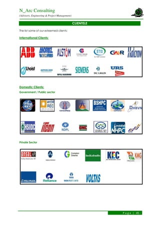 N_Arc Consulting
(Advisory, Engineering & Project Management)
P a g e | - 45 -
CLIENTELE
The list some of our esteemed clients:
International Clients:
Domestic Clients:
Government / Public sector
Private Sector
 