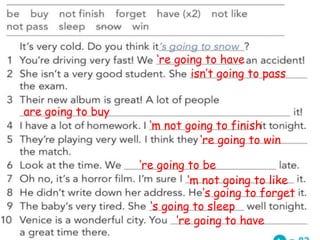 ‘re going to have
isn’t going to pass
are going to buy
‘m not going to finish
‘re going to win
‘re going to be
‘m not going to like
‘s going to forget
‘s going to sleep
‘re going to have
 