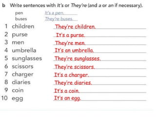 They’re children.
It’s a purse.
They’re men.
It’s an umbrella.
They’re sunglasses.
They’re scissors.
It’s a charger.
They’re diaries.
It’s a coin.
It’s an egg.
 