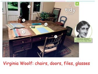 Virginia Woolf: chairs, doors, files, glasses
 