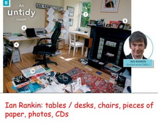 Ian Rankin: tables / desks, chairs, pieces of
paper, photos, CDs
 