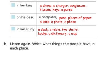 pens, pieces of paper,
a lamp, a photo, a phone
a desk, a table, two chairs,
books, a dictionary, a map
a phone, a charger, sunglasses,
tissues, keys, a purse
 