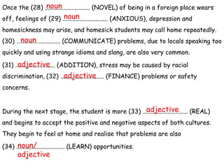Once the (28) ............................. (NOVEL) of being in a foreign place wears
off, feelings of (29) ............................. (ANXIOUS), depression and
homesickness may arise, and homesick students may call home repeatedly.
(30) ………………............ (COMMUNICATE) problems, due to locals speaking too
quickly and using strange idioms and slang, are also very common.
(31) ……………............ (ADDITION), stress may be caused by racial
discrimination, (32) ............................ (FINANCE) problems or safety
concerns.
During the next stage, the student is more (33) ............................. (REAL)
and begins to accept the positive and negative aspects of both cultures.
They begin to feel at home and realise that problems are also
(34) ............................... (LEARN) opportunities.
noun
noun
noun
adjective
adjective
adjective
noun/
adjective
 