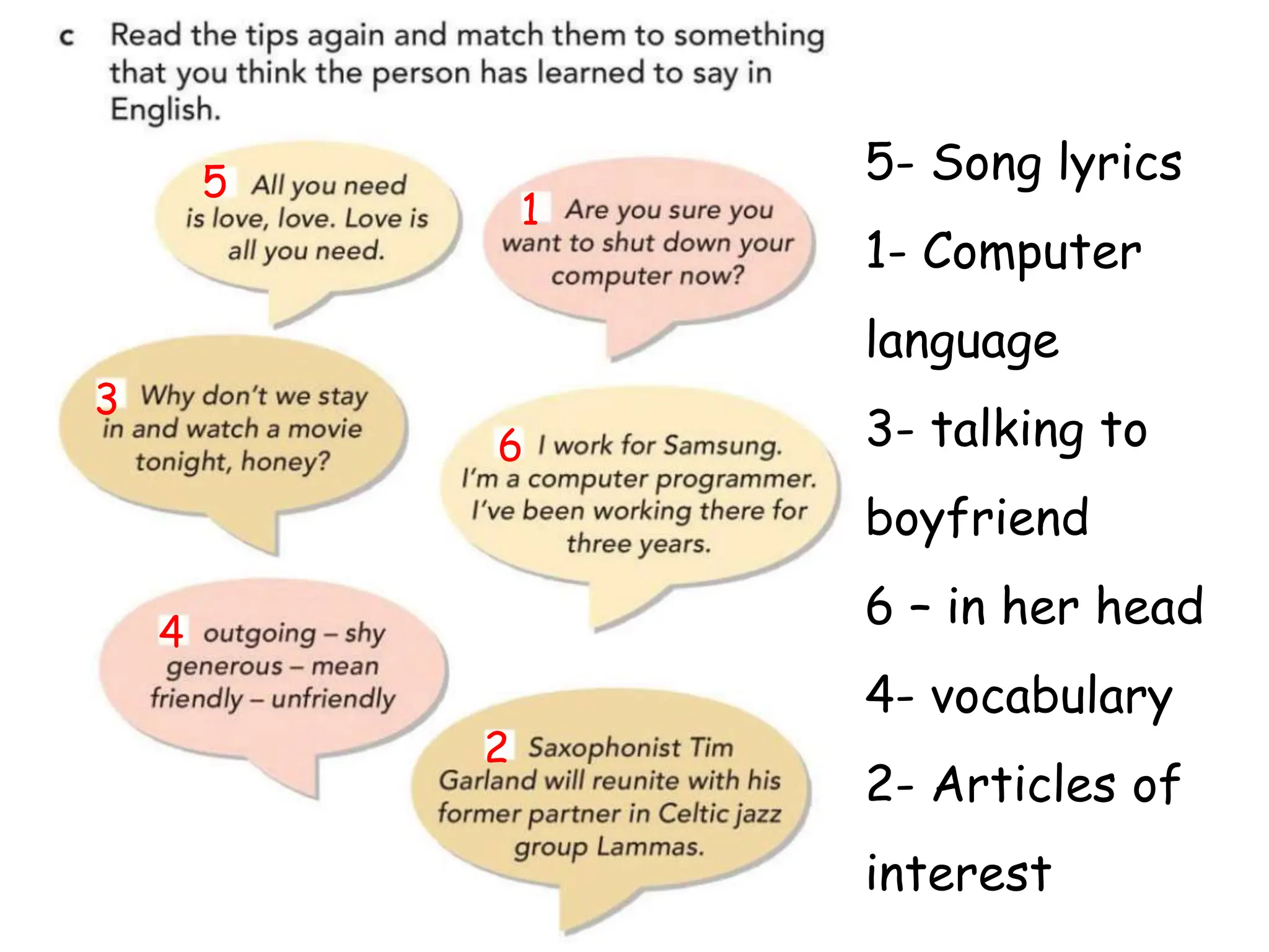 5
1
3
6
4
2
5- Song lyrics
1- Computer
language
3- talking to
boyfriend
6 – in her head
4- vocabulary
2- Articles of
interest
 