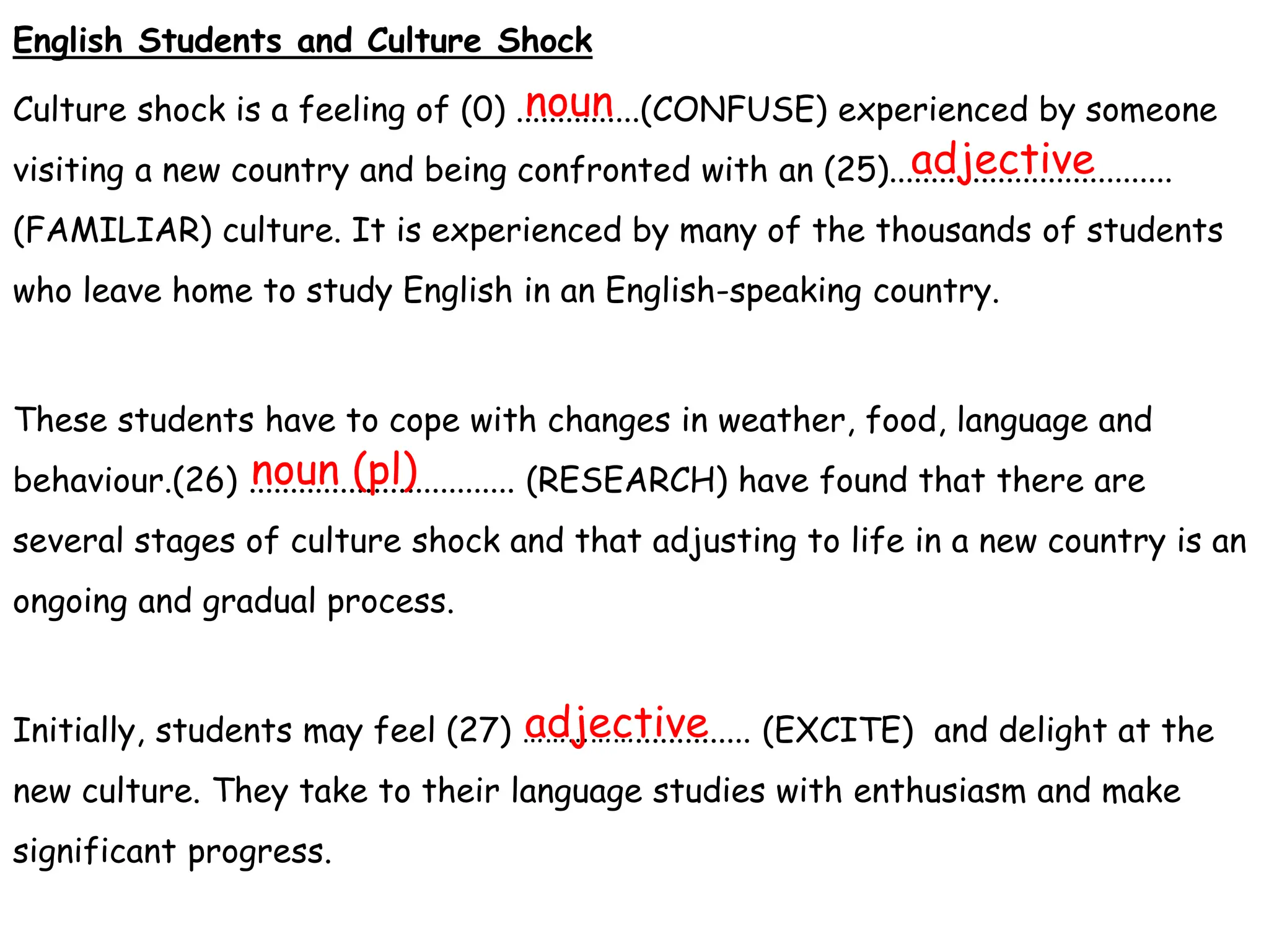 English Students and Culture Shock
Culture shock is a feeling of (0) ...............(CONFUSE) experienced by someone
visiting a new country and being confronted with an (25)..................................
(FAMILIAR) culture. It is experienced by many of the thousands of students
who leave home to study English in an English-speaking country.
These students have to cope with changes in weather, food, language and
behaviour.(26) ................................ (RESEARCH) have found that there are
several stages of culture shock and that adjusting to life in a new country is an
ongoing and gradual process.
Initially, students may feel (27) …………….............. (EXCITE) and delight at the
new culture. They take to their language studies with enthusiasm and make
significant progress.
noun
adjective
noun (pl)
adjective
 