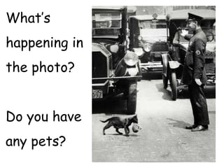 What’s
happening in
the photo?
Do you have
any pets?
 