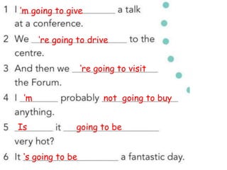’m going to give
‘re going to drive
‘re going to visit
’m not going to buy
Is going to be
‘s going to be
 