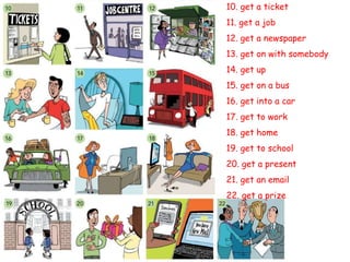 10. get a ticket
11. get a job
12. get a newspaper
13. get on with somebody
14. get up
15. get on a bus
16. get into a car
17. get to work
18. get home
19. get to school
20. get a present
21. get an email
22. get a prize
 