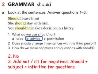 2. No
3. Add not / n’t for negatives; Should +
subject + infinitive for questions.
 