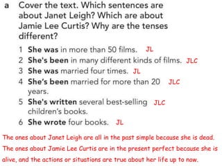 The ones about Janet Leigh are all in the past simple because she is dead.
The ones about Jamie Lee Curtis are in the present perfect because she is
alive, and the actions or situations are true about her life up to now.
JL
JLC
JL
JLC
JLC
JL
 