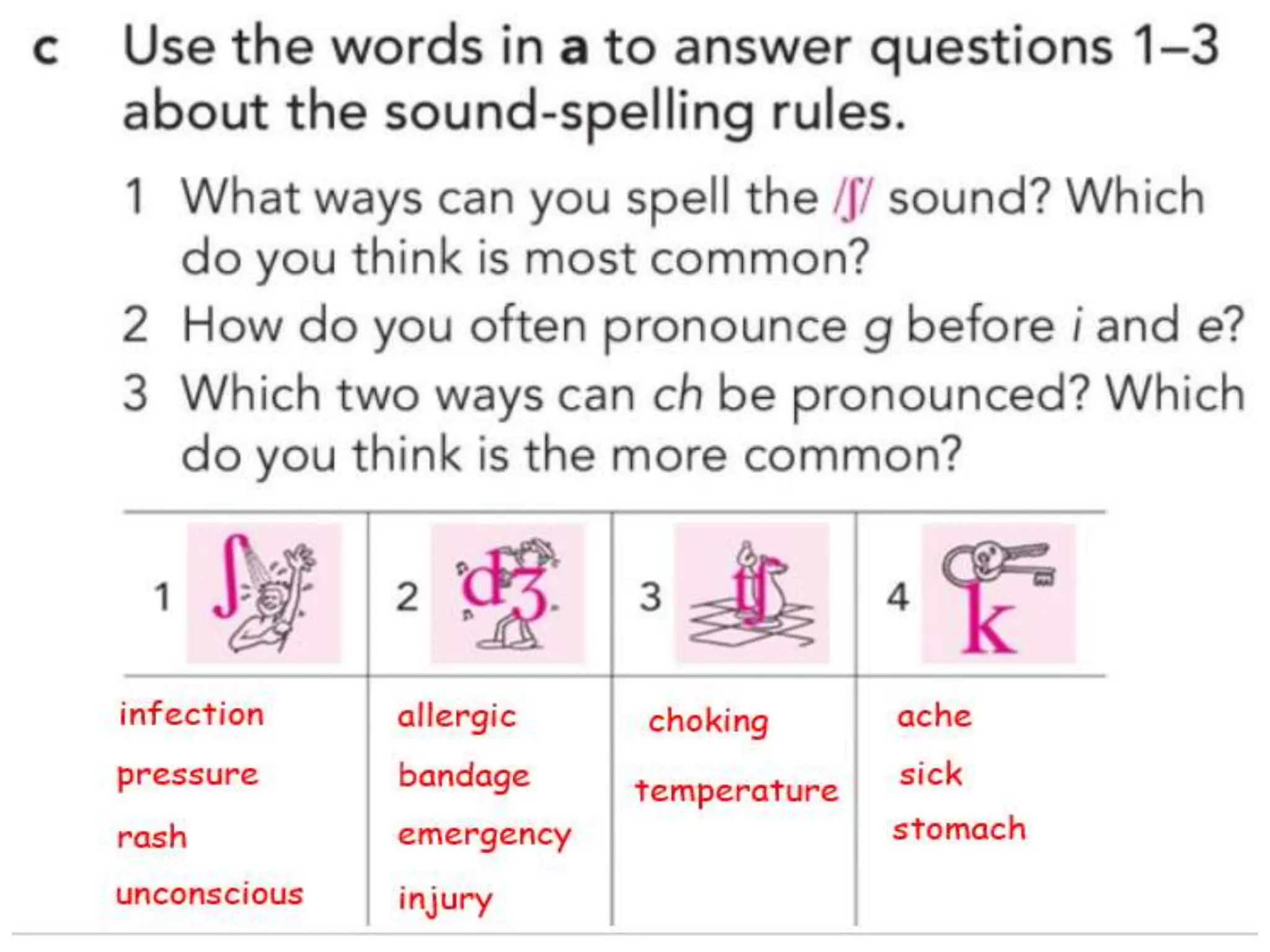 1. ti (before on), ss, sh, ci; the most common is sh
2. /dʒ/
3. /k/ and /tʃ/; /tʃ/ is more common
 
