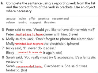 invited me to have
reminded Jack to phone
promised to never do
recommended trying
 