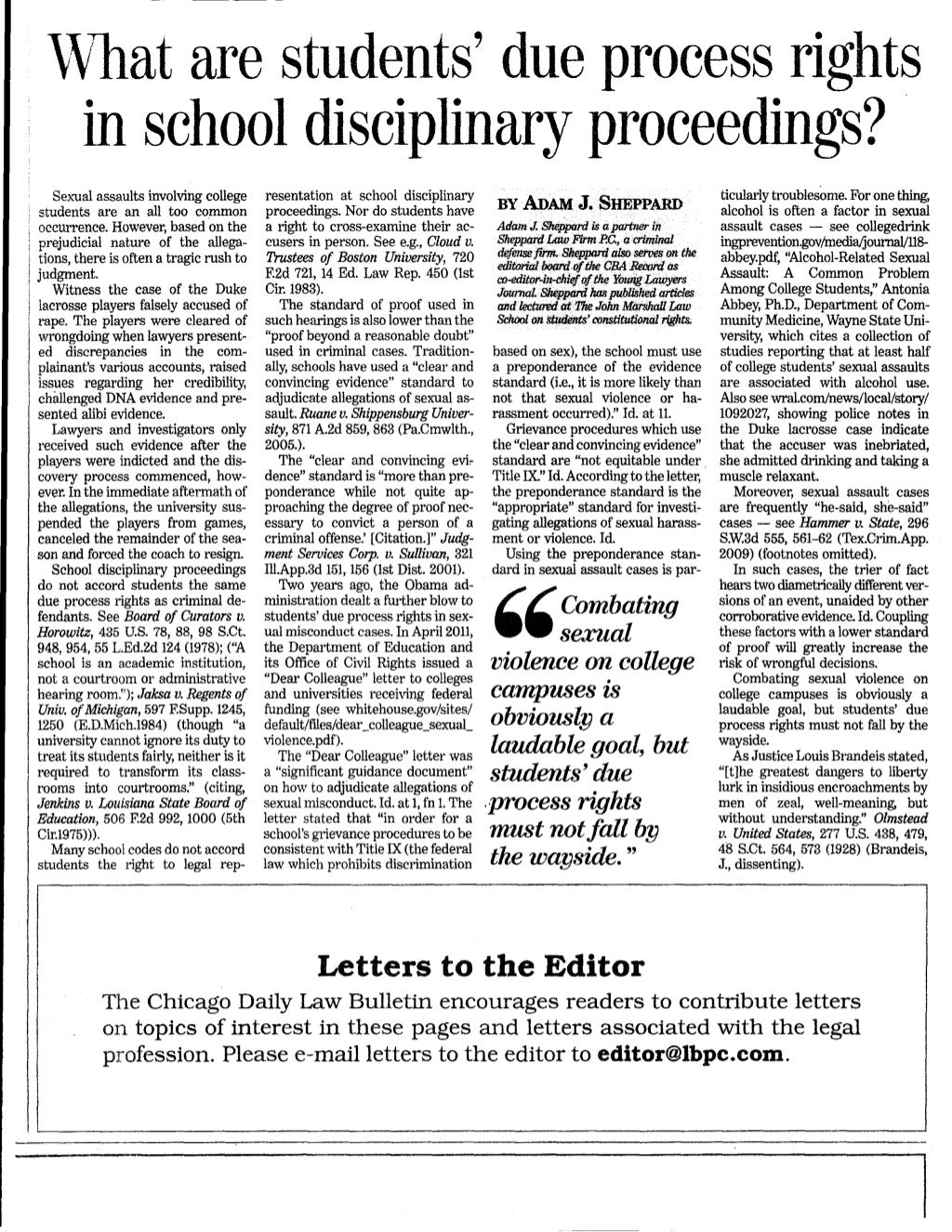 Chicago Daily Law Bulletin Article re Student's Rights