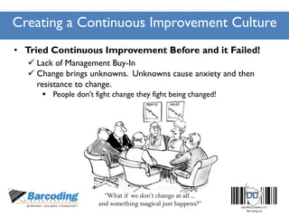 Creating a Continuous Improvement Culture
• Tried Continuous Improvement Before and it Failed!
 Lack of Management Buy-In
 Change brings unknowns. Unknowns cause anxiety and then
resistance to change.
 People don’t fight change they fight being changed!
 