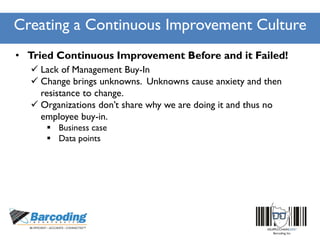 Creating a Continuous Improvement Culture
• Tried Continuous Improvement Before and it Failed!
 Lack of Management Buy-In
 Change brings unknowns. Unknowns cause anxiety and then
resistance to change.
 Organizations don’t share why we are doing it and thus no
employee buy-in.
 Business case
 Data points
 