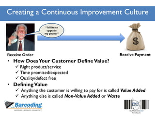 Creating a Continuous Improvement Culture
• DefiningValue
 Anything the customer is willing to pay for is called Value Added
 Anything else is called Non-Value Added or Waste
Receive Order Receive Payment
“I’d like to
upgrade
my phone!”
• How DoesYour Customer DefineValue?
 Right product/service
 Time promised/expected
 Quality/defect free
 