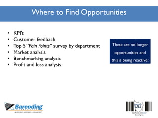 Where to Find Opportunities
• KPI’s
• Customer feedback
• Top 5 “Pain Points” survey by department
• Market analysis
• Benchmarking analysis
• Profit and loss analysis
These are no longer
opportunities and
this is being reactive!
 