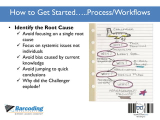 How to Get Started…..Process/Workflows
• Identify the Root Cause
 Avoid focusing on a single root
cause
 Focus on systemic issues not
individuals
 Avoid bias caused by current
knowledge
 Avoid jumping to quick
conclusions
 Why did the Challenger
explode?
 