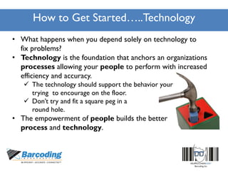 How to Get Started…..Technology
• What happens when you depend solely on technology to
fix problems?
• Technology is the foundation that anchors an organizations
processes allowing your people to perform with increased
efficiency and accuracy.
 The technology should support the behavior your
trying to encourage on the floor.
 Don’t try and fit a square peg in a
round hole.
• The empowerment of people builds the better
process and technology.
 