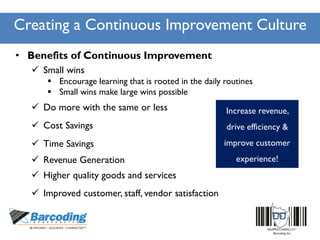 Creating a Continuous Improvement Culture
• Benefits of Continuous Improvement
 Small wins
 Encourage learning that is rooted in the daily routines
 Small wins make large wins possible
 Do more with the same or less
 Time Savings
 Higher quality goods and services
 Revenue Generation
 Improved customer, staff, vendor satisfaction
 Cost Savings
Increase revenue,
drive efficiency &
improve customer
experience!
 