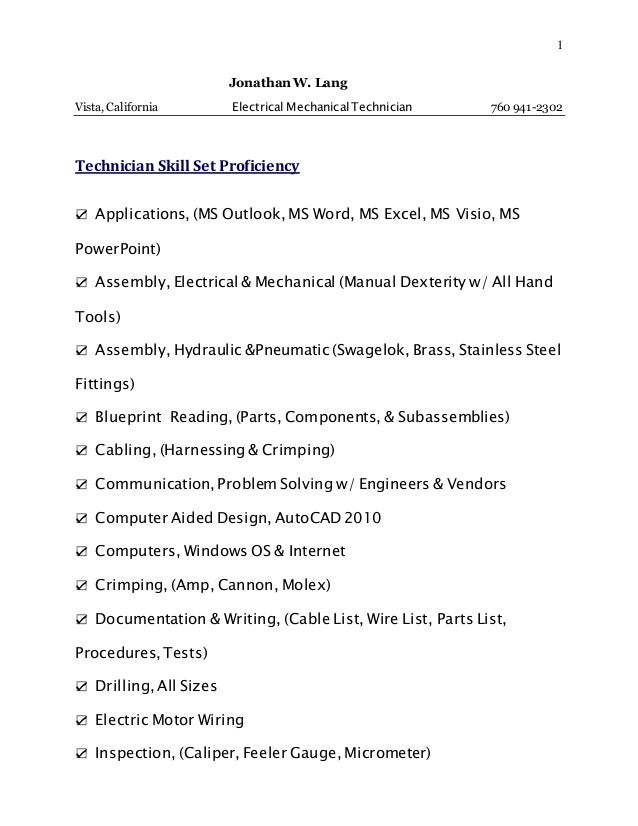 proficiency electro mechanical skill sets jwlang list of skill sets