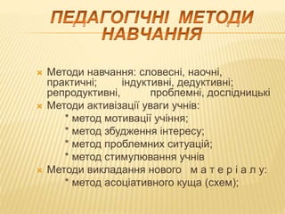  Методи навчання: словесні, наочні,
практичні; індуктивні, дедуктивні;
репродуктивні, проблемні, дослідницькі
 Методи активізації уваги учнів:
* метод мотивації учіння;
* метод збудження інтересу;
* метод проблемних ситуацій;
* метод стимулювання учнів
 Методи викладання нового м а т е р і а л у:
* метод асоціативного куща (схем);
 