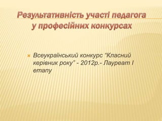  Всеукраїнський конкурс “Класний
керівник року” - 2012р.- Лауреат І
етапу
 