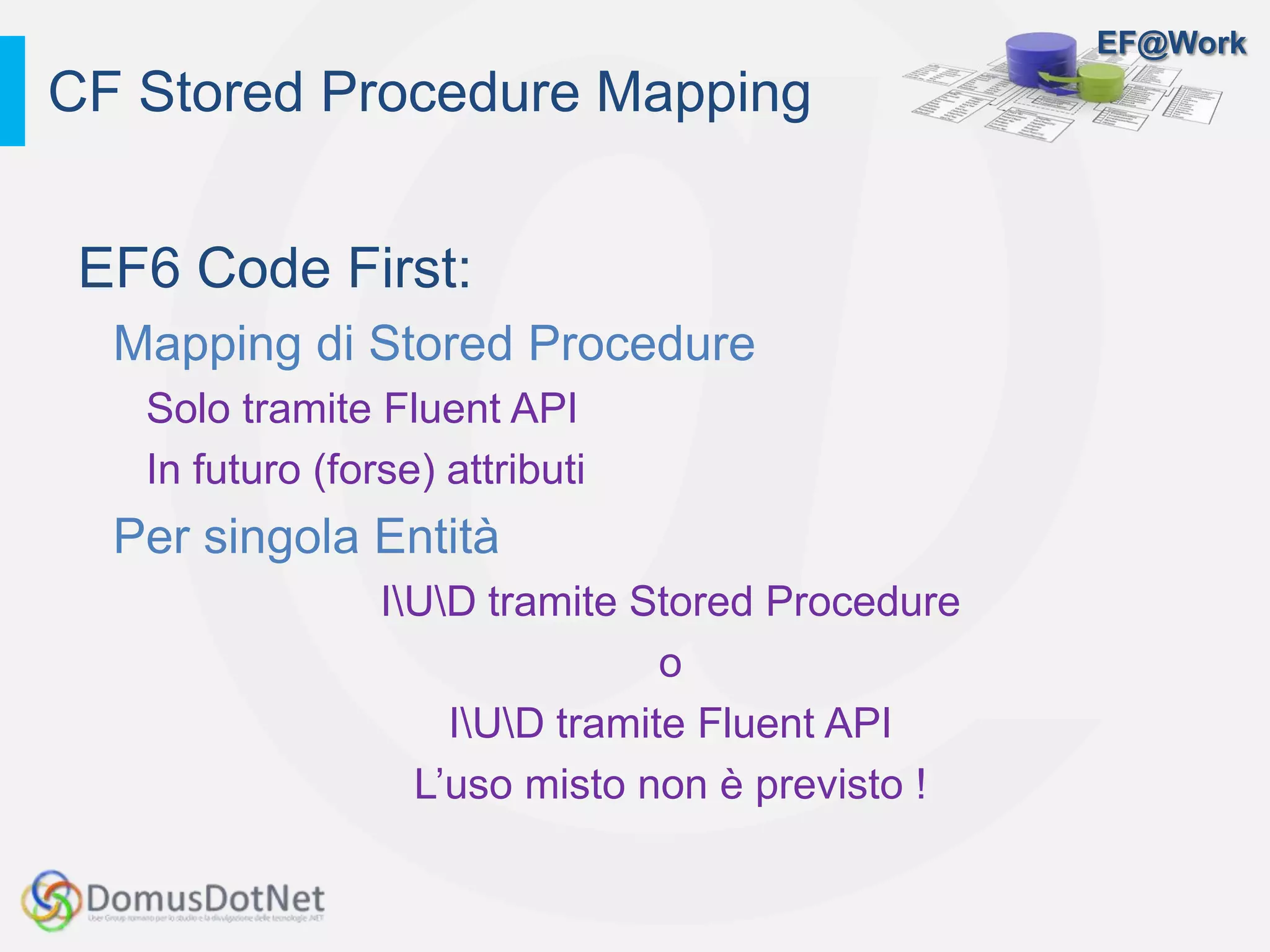 EF@Work
EF6 Code First:
Mapping di Stored Procedure
Solo tramite Fluent API
In futuro (forse) attributi
Per singola Entità
IUD tramite Stored Procedure
o
IUD tramite Fluent API
L’uso misto non è previsto !
CF Stored Procedure Mapping
 