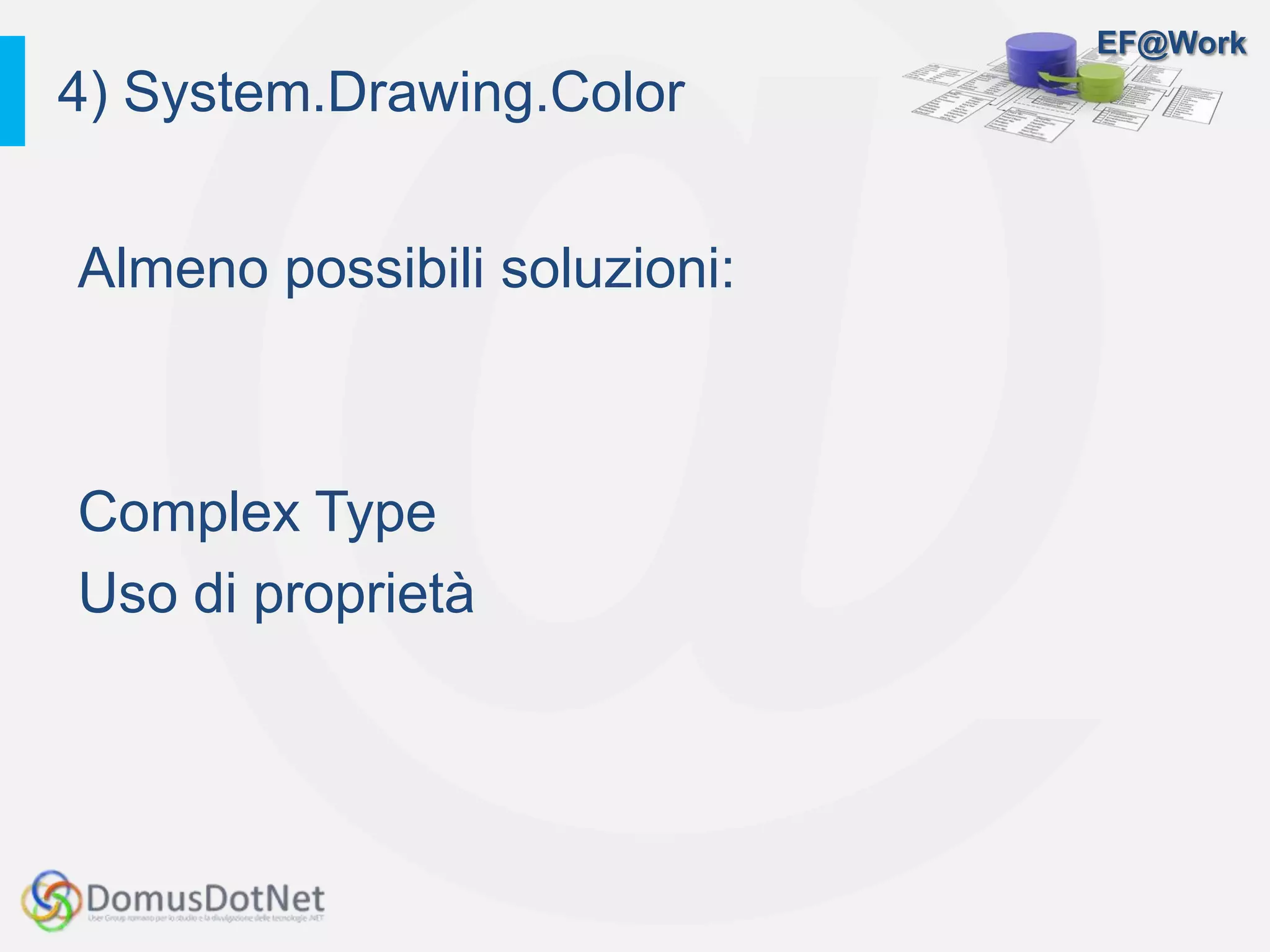 EF@Work
Almeno possibili soluzioni:
Complex Type
Uso di proprietà
4) System.Drawing.Color
 