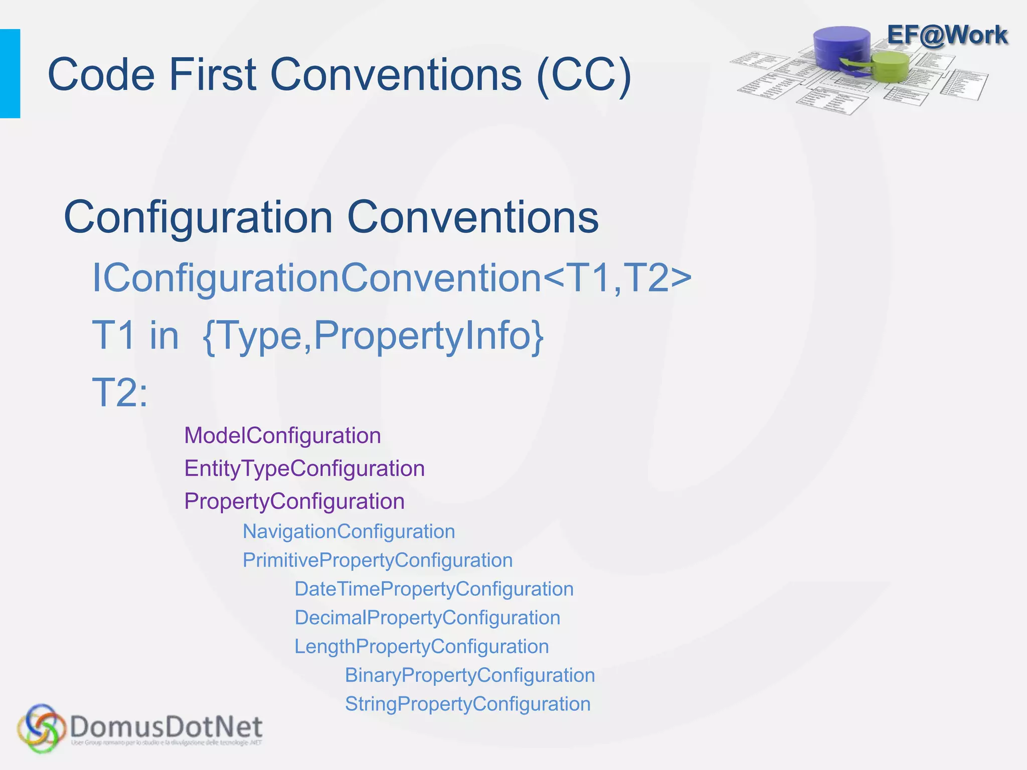 EF@Work
Configuration Conventions
IConfigurationConvention<T1,T2>
T1 in {Type,PropertyInfo}
T2:
ModelConfiguration
EntityTypeConfiguration
PropertyConfiguration
NavigationConfiguration
PrimitivePropertyConfiguration
DateTimePropertyConfiguration
DecimalPropertyConfiguration
LengthPropertyConfiguration
BinaryPropertyConfiguration
StringPropertyConfiguration
Code First Conventions (CC)
 