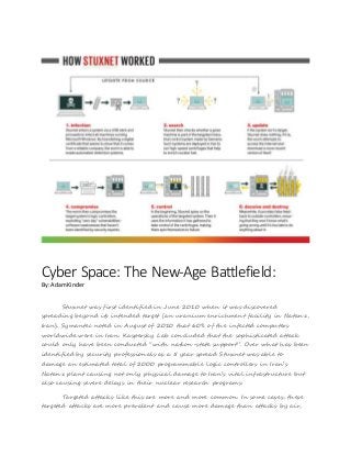 Cyber Space: The New-Age Battlefield:
By: AdamKinder
Stuxnet was first identified in June 2010 when it was discovered
spreading beyond its intended target (an uranium enrichment facility in Natanz,
Iran). Symantec noted in August of 2010 that 60% of the infected computers
worldwide were in Iran. Kaspersky Lab concluded that the sophisticated attack
could only have been conducted “with nation-state support”. Over what has been
identified by security professionals as a 5 year spread Stuxnet was able to
damage an estimated total of 2000 programmable logic controllers in Iran’s
Natanz plant causing not only physical damage to Iran’s vital infrastructure but
also causing severe delays in their nuclear research programs.
Targeted attacks like this are more and more common. In some cases, these
targeted attacks are more prevalent and cause more damage than attacks by air,
 